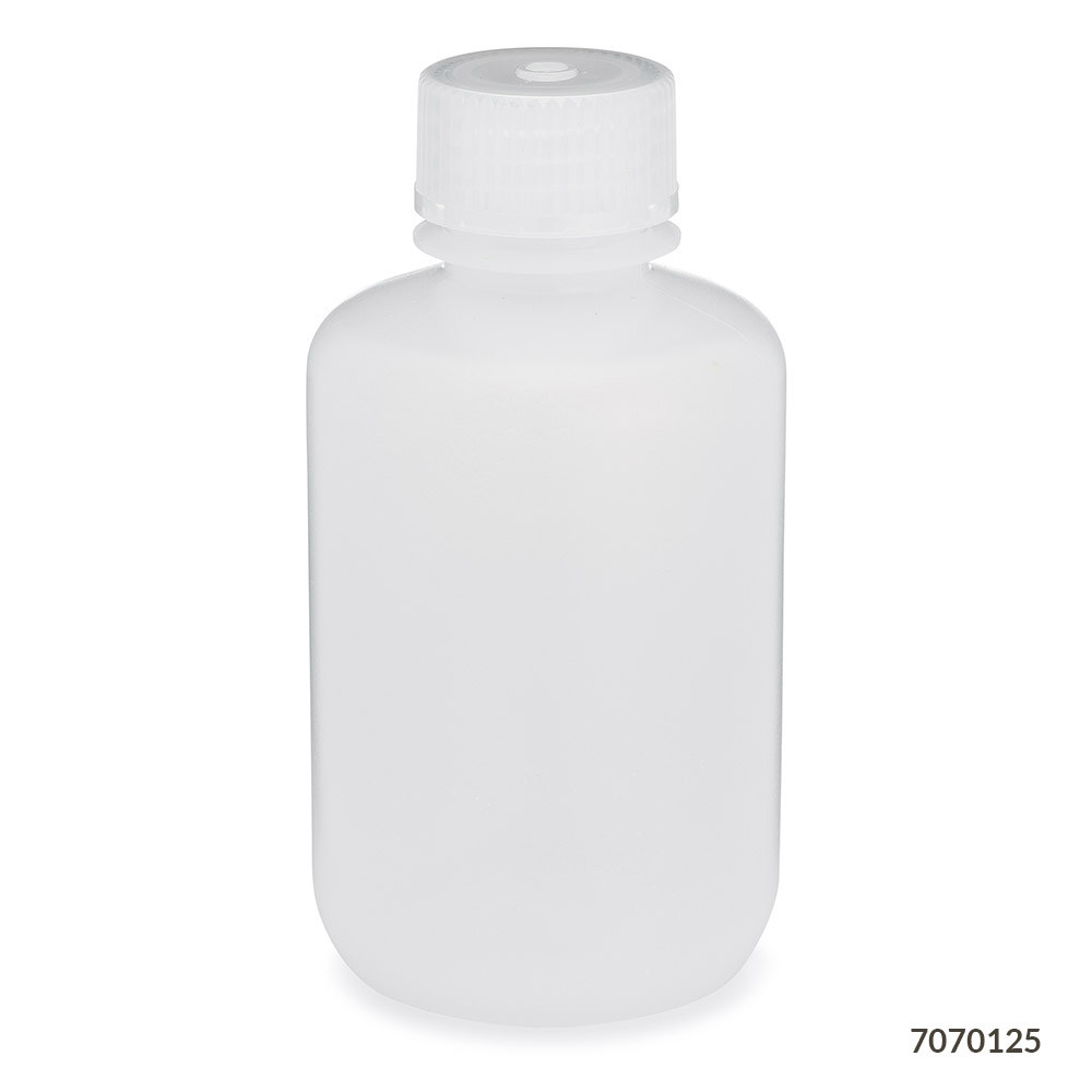 Globe Scientific Bottle, Narrow Mouth, LDPE Bottle, Attached PP Screw Cap, 125mL, 12/Pack Bottle; Boston Round; Narrow Mouth; LDPE; Low Density Polyethylene; Screwcap; storage bottle; lab bottle